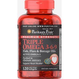 Omega 3-6-9, Omega 3-6-9 zivis, Puritan's Pride, linu un gurķu eļļa, 120 kapsulas