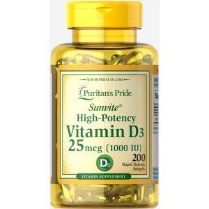 D3 vitamīns, Puritan's Pride, D3 vitamīns, 1000 SV, 200 kapsulas