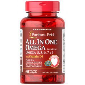 Omega 3-5-6-7-9 ar D3 vitamīnu, Puritan's Pride, 60 kapsulas