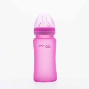 Детская бутылочка, Glass Baby Bottle, Everyday Baby, стеклянная, термочувствительная, малиновая, 240 мл