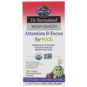 Улучшение памяти и работы мозга у детей, Attention & Focus, Garden of Life, Dr. Formulated Brain Health, органик, вкус арбуза, 60 жевательных конфет 