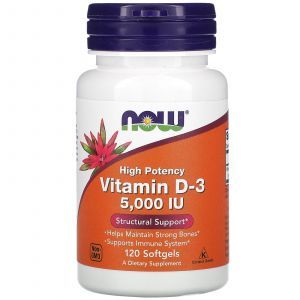 Витамин Д-3, Vitamin D-3, Now Foods, высокоэффективный, 125 мкг (5000 МЕ), 120 гелевых капсул
