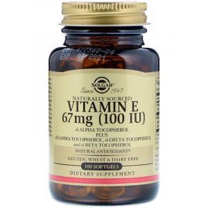 Витамин Е, Vitamin E, Solgar, натуральный, 67 мг (100 МЕ), 100 гелевых капсул
