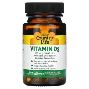 Витамин Д3 (холекальциферол), Vitamin D3, Country Life, 125 мкг (5000 МЕ), 60 гелевых капсул