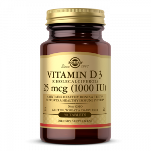 D3 vitamīns (holekalciferols), D3 vitamīns, Solgar, 25 mikrogrami (1000 SV), 90 tabletes
