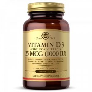 D3 vitamīns (holekalciferols), D3 vitamīns, Solgar, 25 mikrogrami (1000 SV), 100 kapsulas