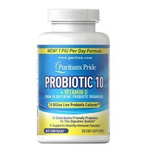 Пробиотик-10 с витамином D, Probiotic 10 with Vitamin D, Puritan's Pride, 20 млрд активных культур, для поддержки здоровья иммунной системы, 60 капсул
