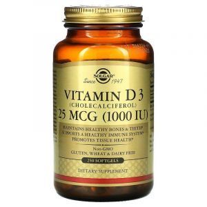 D3 vitamīns (holekalciferols), D3 vitamīns, Solgar, 25 mikrogrami (1000 SV), 250 kapsulas