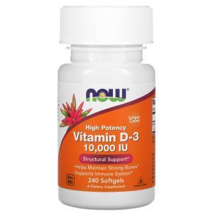 Витамин Д-3, Vitamin D-3, Now Foods, высокоэффективный, 250 мкг (10000 МЕ), 240 гелевых капсул
