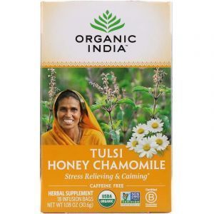 Чай тулси с базиликом, медом и ромашкой, Tulsi Holy Basil Tea, Organic India, 18 чайных пакетиков, 30,6 г