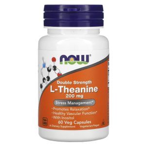 L-теанин, L-Theanine, Now Foods, двойная сила, 200 мг, 60 вегетарианских капсул
