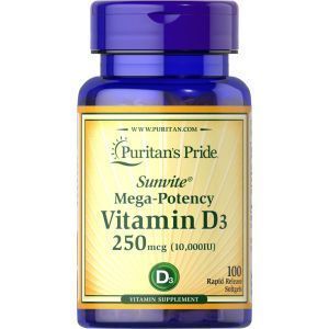 D3 vitamīns, Puritan's Pride, D3 vitamīns, 10 000 SV, 100 kapsulas