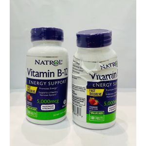 B12 vitamīns, zemeņu garša, vitamīns B-12, natrols, 5000 mikrogrami, 100 tabletes